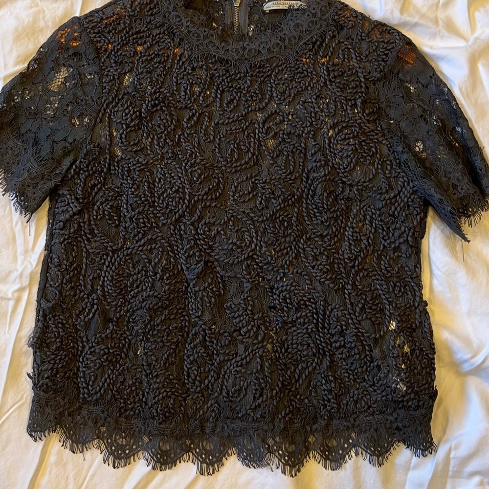 Zara Black Lace Short-Sleeve Blouse - Picture 4 of 6